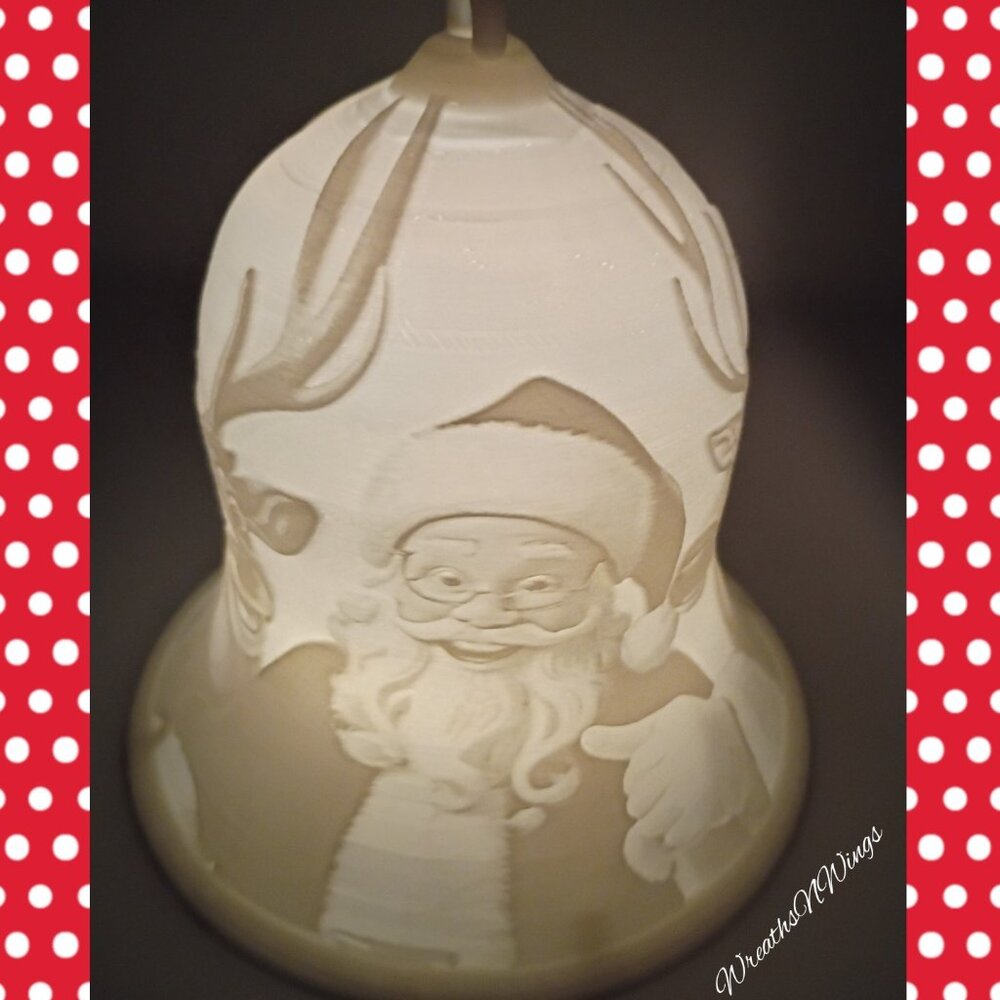 Large 3D Printed Santa Lithophane Lighted Bell, Christmas NightLight, Christmas